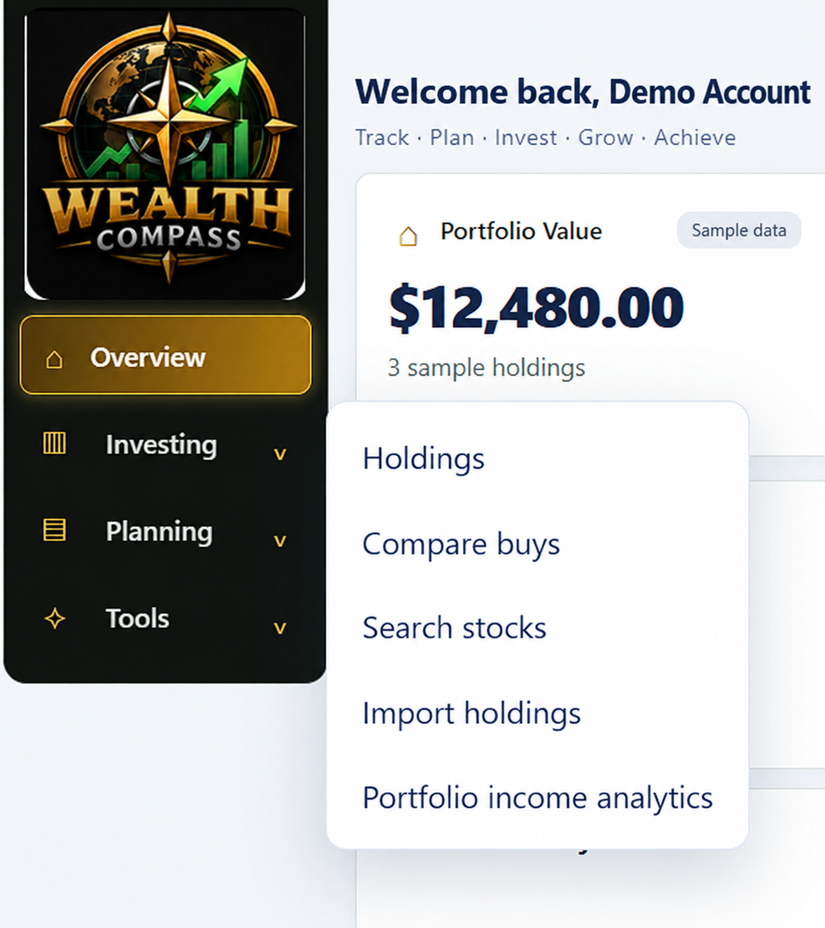 Actual Noble Wealth Compass dashboard navigation with illustrative portfolio value